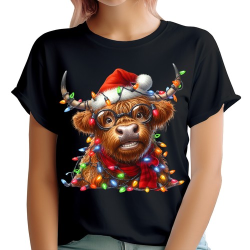 Highland Cow Christmas T-Shirt for Women -Cute Holiday Graphic Tee Funny Cow #MC - Picture 27 of 27