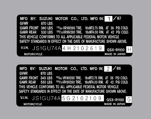 Seller refurbished SUZUKI GSXR 1100 1986 1987 HEADTUBE TAG REPRO DECAL G2U