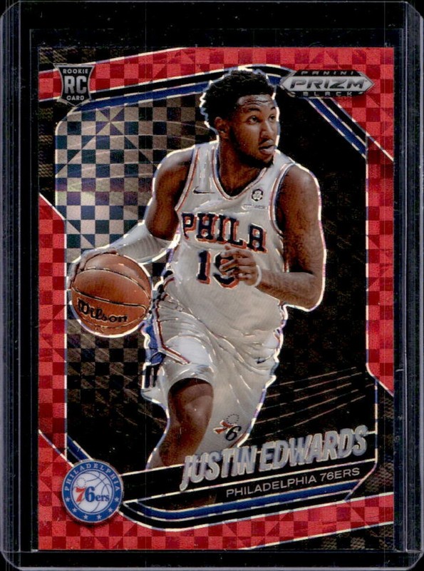 2024-25 Panini Prizm Black Justin Edwards RC Red Power Prizm Rookie #/75 76ers