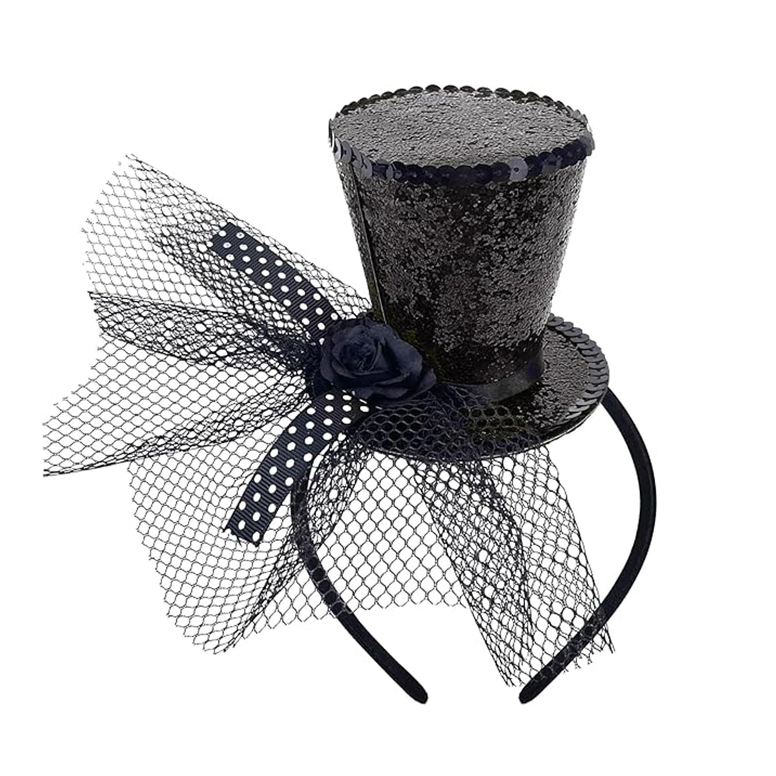 Mini sombrero cilíndrico diadema con velo, sombrero cilíndrico negro Fascinator Zir...