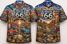 Men's Route 66 Hawaiian Shirt Vintage Cars Eagle Patriotic USA Aloha Button Up