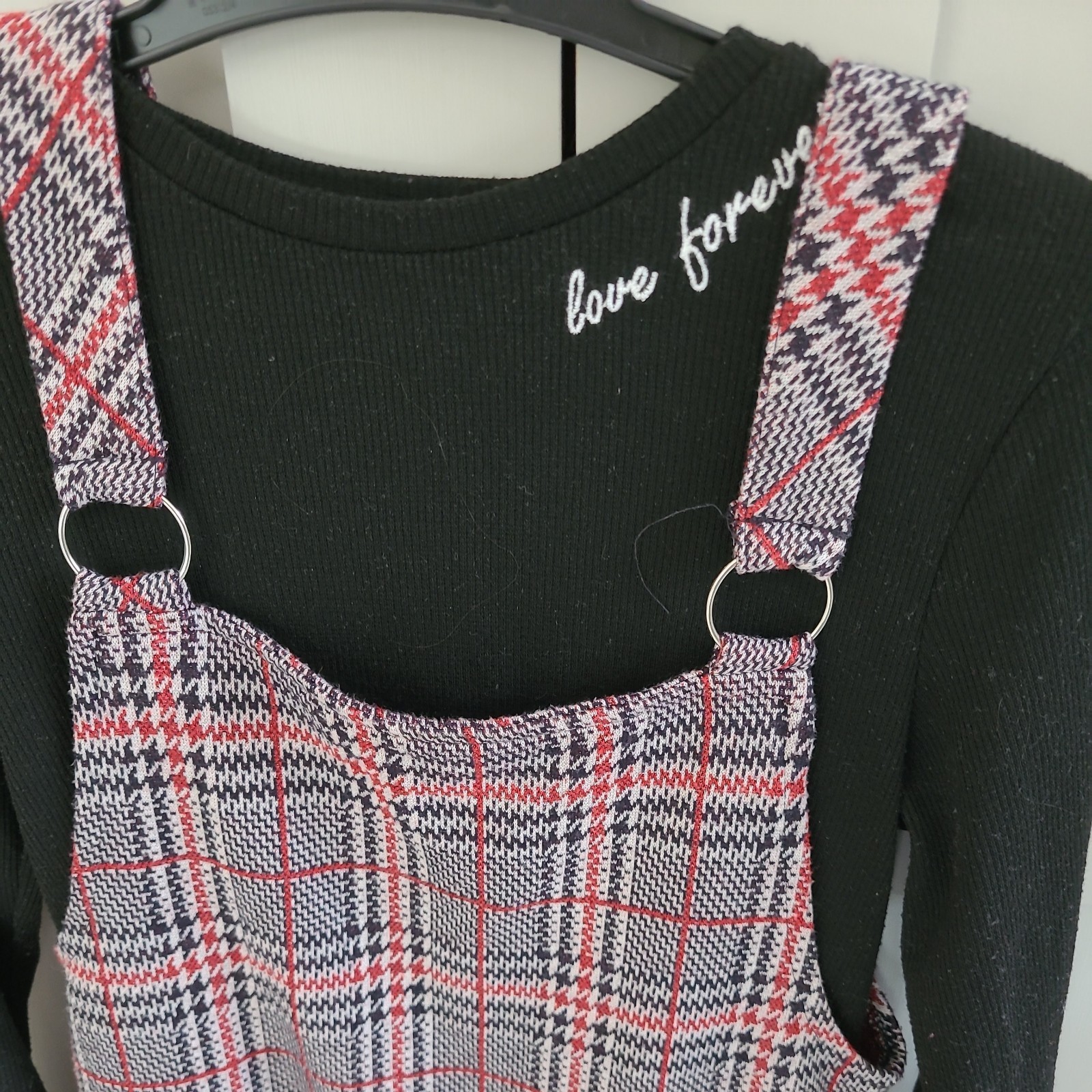 Girls Red/Black Pinafore Dungaree Chequered/ Tartan Dress & Black Top. Age 9-10 image 2