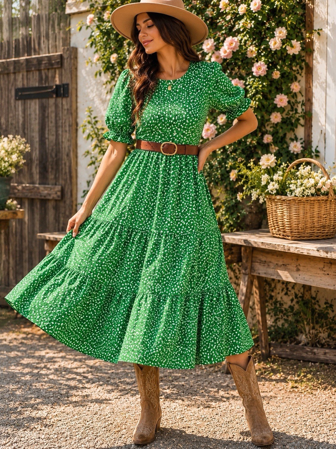 Green Floral Prairie Midi Dress Western Boho Cottagecore Puff Sleeve M