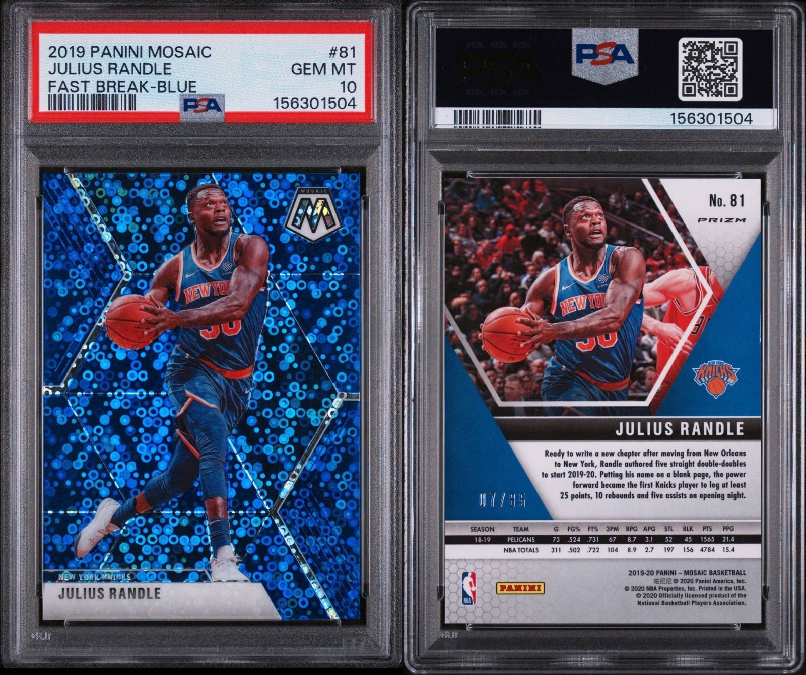 2019-20 Panini Mosaic Fast Break Blue Prizm Julius Randle /85 Color Match PSA 10