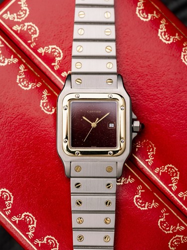 Cartier Santos Carree 2961 Ox-blood Swiss Only Dial With Original Box.