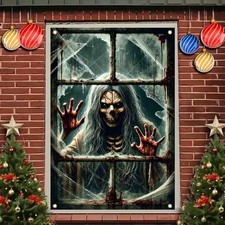 Window Cover Halloween 47x31 Inch Scary Skeleton Ghost Bloody Handprint Banner