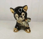 Vintage Shawnee Pottery Black White Gold Cat Kitten Blue Bow Tie Small Planter