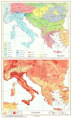 EUROPA.Sudosteuropa;Sprachensprache;Volksdichte Bevölkerungsdichte 1958 Karte