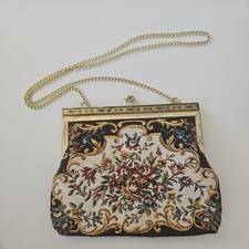 VTG Hand Made Black Tapestry Petit Needlepoint Floral Victorian Purse Wristlet