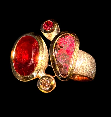 Boulder Opal Feuerrot in US 7 mit Zimtgranat in 18 Kt Goldvermeil Ring - Bild 1 von 4