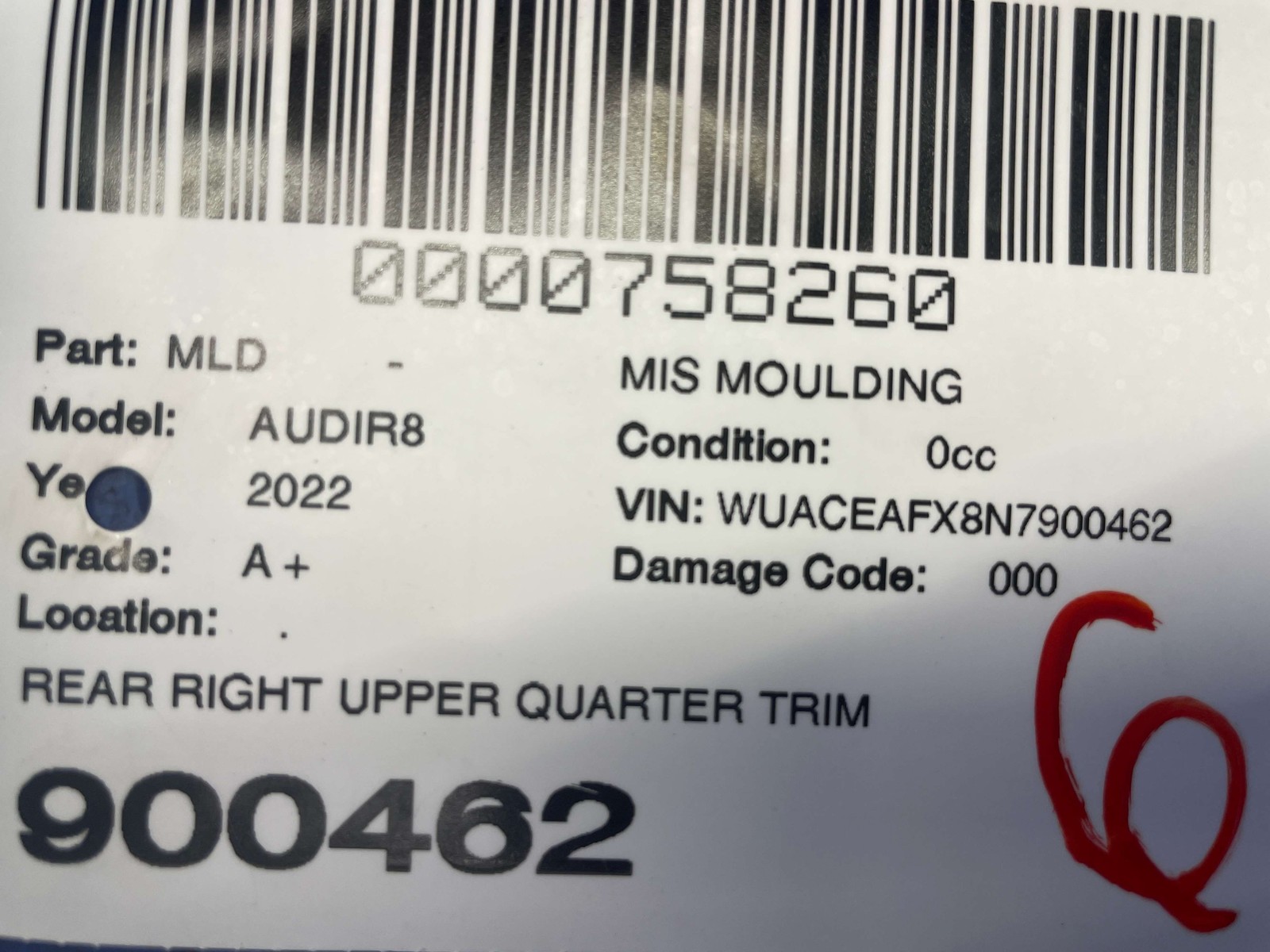 2017-2023 AUDI R8 V10 4S REAR RIGHT UPPER QUARTER COVER MOLDING PANEL 4S8853060G