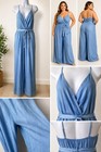 Women's Blue Denim V-Neck Sleeveless Wide-Leg Jumpsuit Tie Belt Size I — photo 1