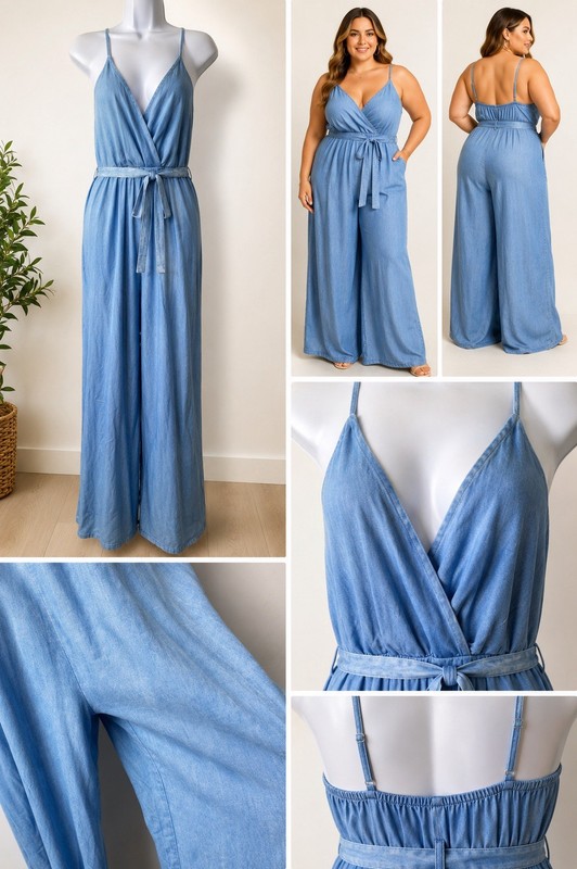 Women's Blue Denim V-Neck Sleeveless Wide-Leg Jumpsuit Tie Belt Size I