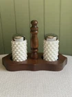 Vintage Fenton Hobnail Milk Glass Salt And Pepper Shaker Set With Wooden Caddy