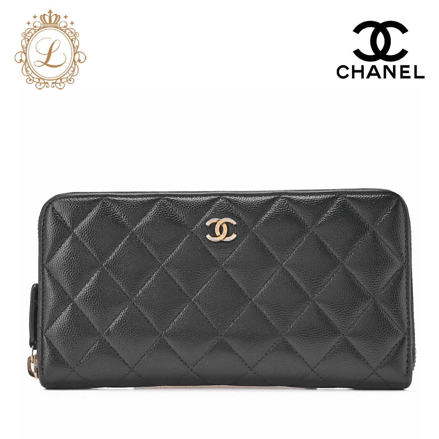 CHANEL Caviar Leather Round Long Wallet Black with Gold Hardware for Women  