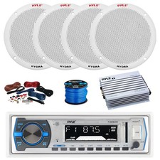 Pyle BT Marine MP3 Receiver, Amp w/Kit, 4X 6.5" 400W White Speakers,Wire