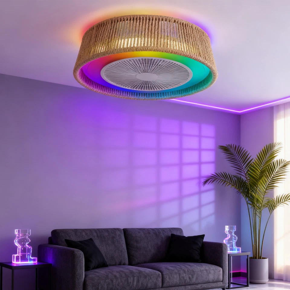 LED 21 inch Ceiling Fan RGB Light Boho Flush Mount with APP Remote Control Kit