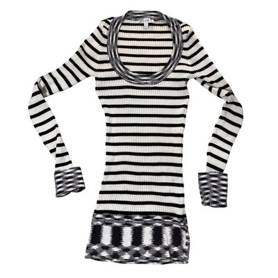 Cache Womens Small Black White Striped Ribbed Knit Scoop Neck Long Sleeve Top