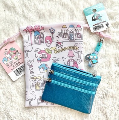 3 Zippered Teal Blue Wallet Card Holder Purse Sanrio Hangyodon Keychain Bag Set
