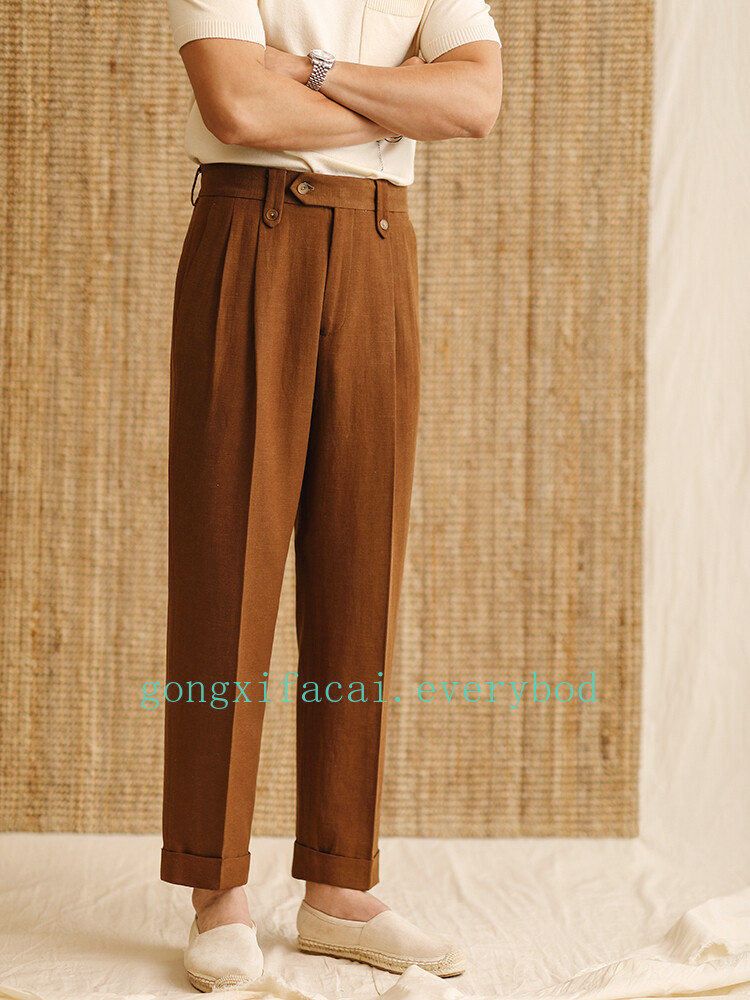 Straight Fit High Waist Linen Blend Dress Pants for Men