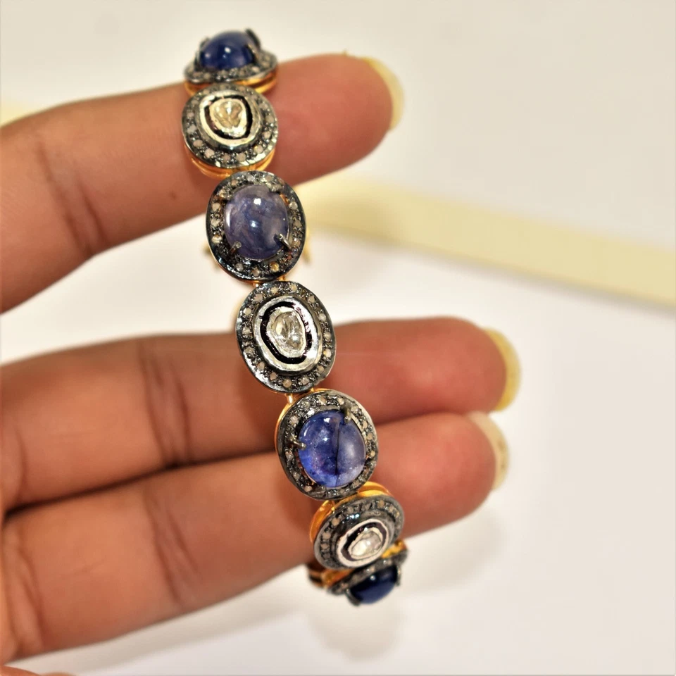 Polki Pave Diamond Bracelet, Sapphire Braceley,925 Sterling Silver, Gold Plated - Image 4 of 4