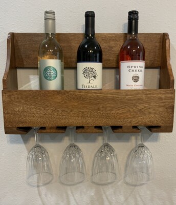 Vtg Wall Mounted Stained Wood Wine Bottle Rack W Four Long Stem Glass  Holder