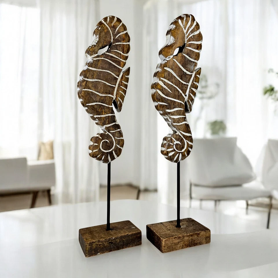 Dekofigur Seepferdchen 2er Set Figur Tischdeko Holz Maritime Deko Mangoholz  - Bild 3 von 4