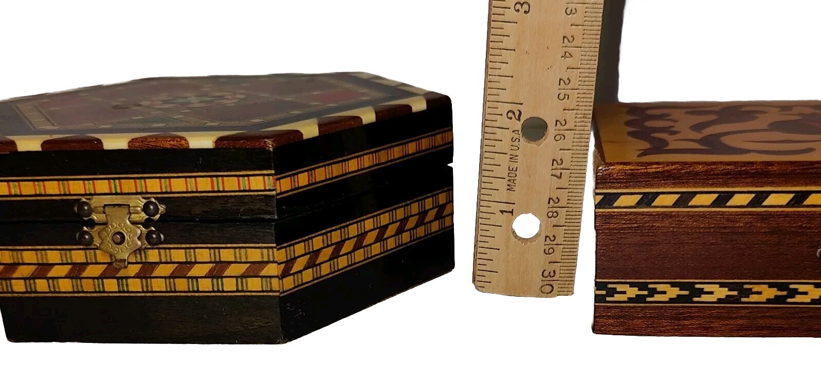 Marquetry Wood Inlay Hinged Boxes 2 Hexagon Made In Spain Rectangle Unmarked 
