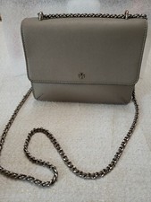 Tory Burch Pebbled Leather French Gray Britten Combo Crossbody Chain Hand Bag