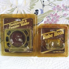 Antique Brass Toothbrush  Tumbler Holder And Double Robe Hook Bathroom Vtg NIP