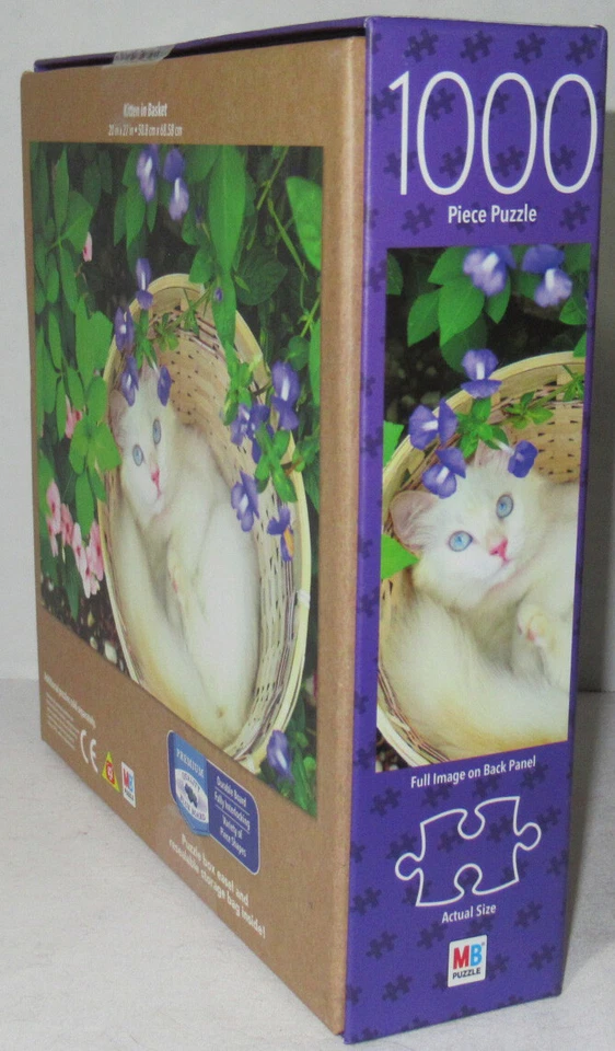 Rompecabezas Milton Bradley 1000 Piezas GATITO EN CESTA jardín flores moradas Foto 2 de 3