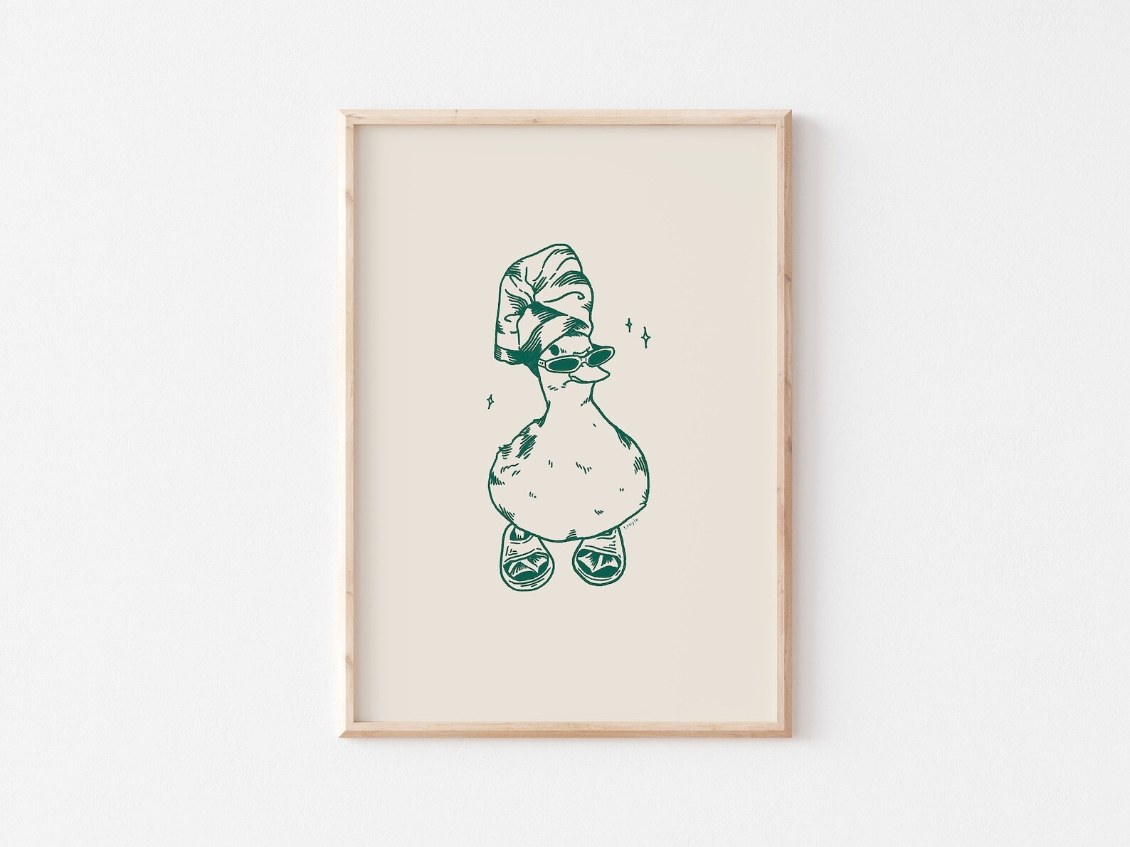 Cool Duck In Slippers Art Print Green Retro Print Vintage Art Bathroom Wall Art