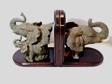 African Elephant Bookends w Baby Lifelike Wood Base 8"x8"x5"