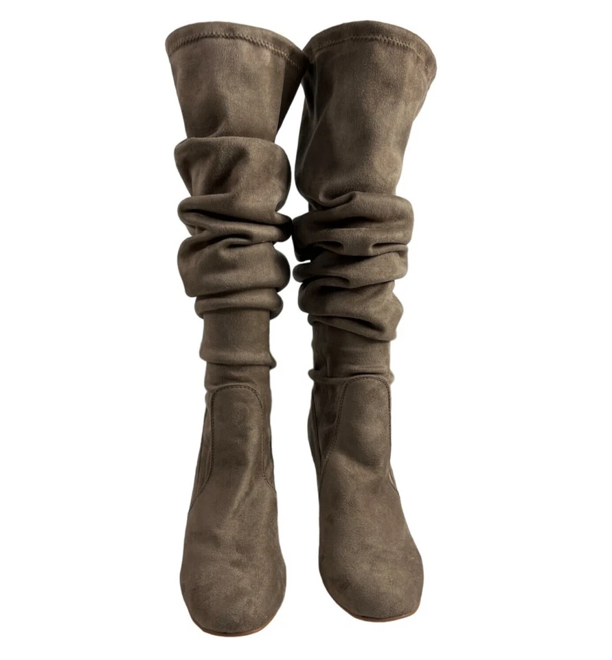 中国洗衣女式卡其色麂皮绒及膝懒人靴 10 码 - 全新无标签 — 第 3/4 张图片