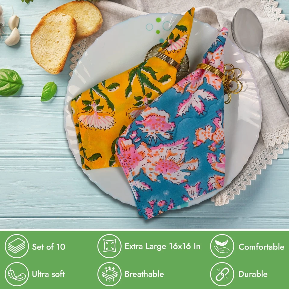 10 servilletas de cena de algodón de 16x16 pulgadas, tela reutilizable impresa en bloque a mano Foto 4 de 4