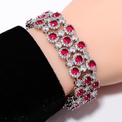 Pink Rubellite Tourmaline, CZ 925 Sterling Silver Bracelet 7-8'' B11239131324