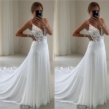 Elegant Wedding Dresses Chiffon Spaghetti Straps Lace Sweep Train Bridal Gowns