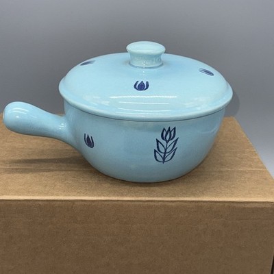 Vintage Cronin Blue Tulip By Hall USA Handled Soup Bowl Crock Cup Dish with Lid