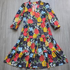 Jude Connally Maggie Dress M Navy Floral Tiered Midi V Neck 3/4 Sleeve