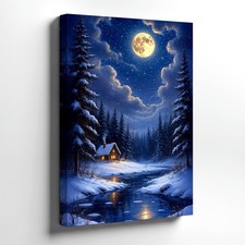 Wall Art Winter Moonlit Cabin Snowy Forest River Night Landscape Print Decor
