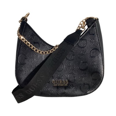 Guess Palmillas Logo Embellished Crescent Black Crossbody Bag Chain & Long Strap