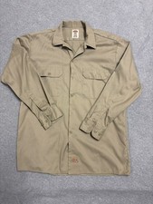 Dickies Mens Long Sleeve Button Up Work Shirt Size M Khaki Cotton/Polyester