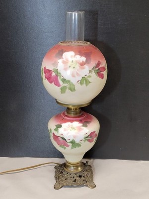 1890s Junior 17'' Hand Painted Flowers GWTW Antique 7'' Shade Oil Lamp Electrified