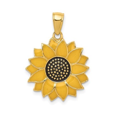 14k Yellow Gold Sunflower Pendant Enamel Floral Charm Nature Jewelry for Women