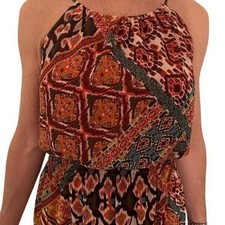 Boho Chic Maxi Dress Sleeveless Orange Brown Print Summer Beach Vacation