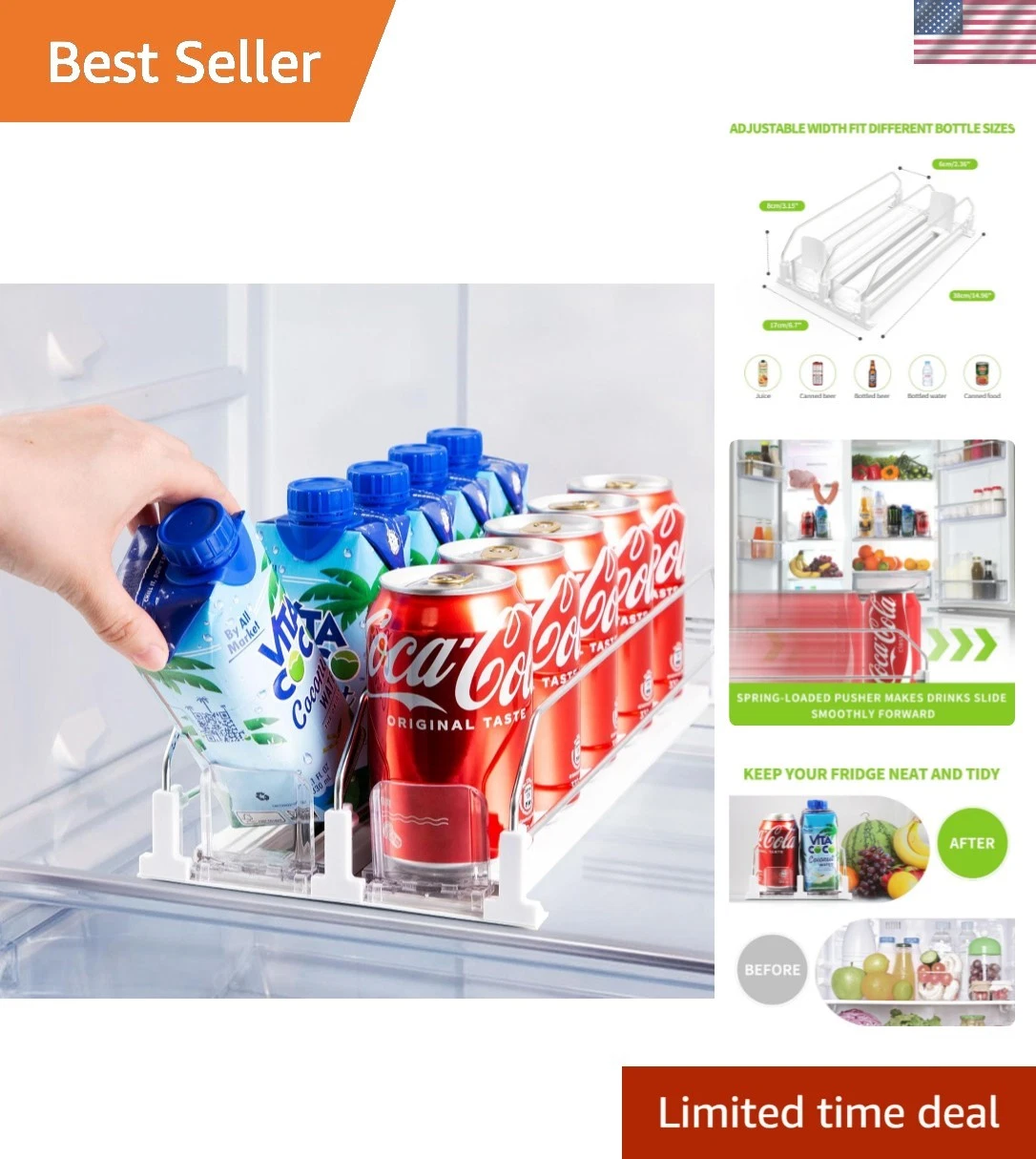 Drink Organizer for Fridge, Soda Can Dispenser for Refrigerator, Automatic Dr...