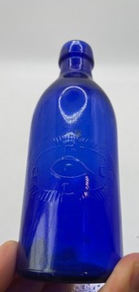 1890s MASONIC ALL SEEING EYE Cobalt Blue Bottle READING PA Hand Blown Eye Wash