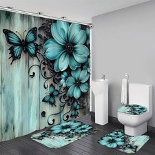 4 PCS Shower Curtain Sets Rugs Rustic Teal Flower Bathroom Decor Accessories