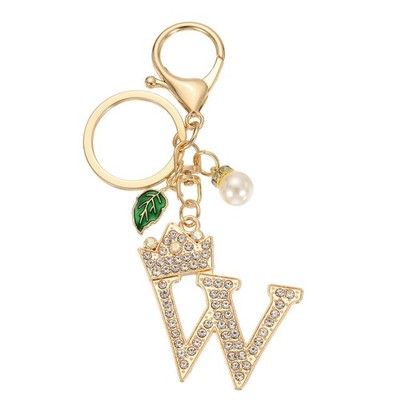 Bling Crown Initial Letter Keychain for Women Letter A-Z Key Chain Gold-W