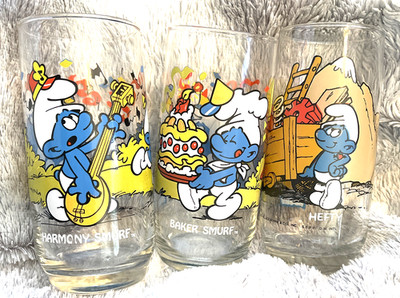 Rare Vintage 1982 Smurf Glasses Set of 3 Hefty, Baker Smurf, Harmony Smurf